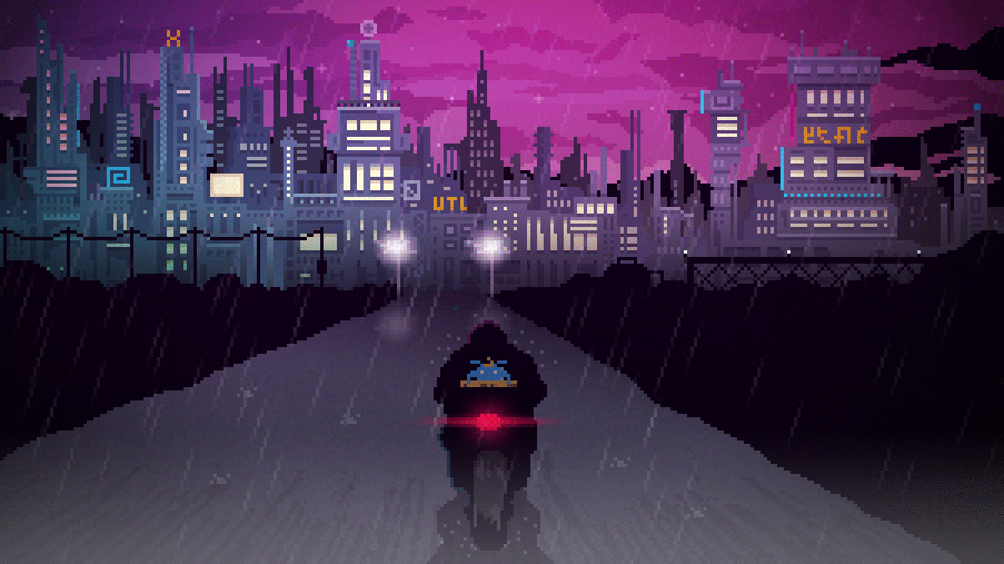Animation of motorcycle riding down a wet freeway at night, towards a city.