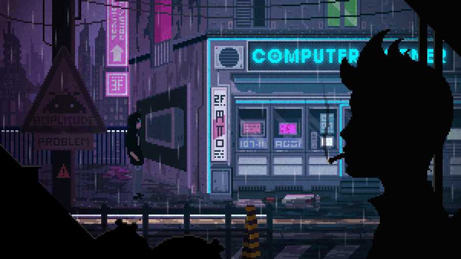 Animation of teenager looking at a monitor in the display window of a computer store.