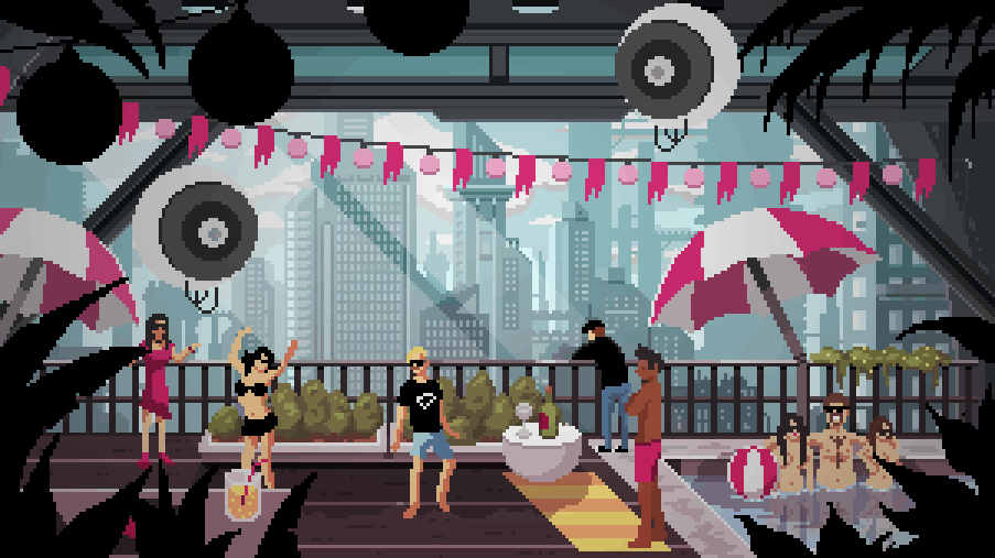 Animation of rooftop party.