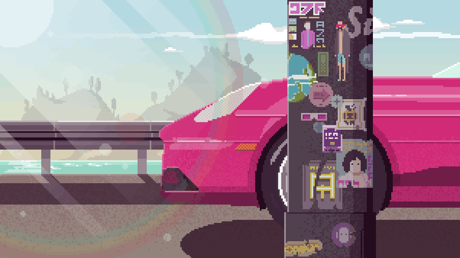 Animation of a sports car with shiny wheels driving down the road on a perfect, sunny day.